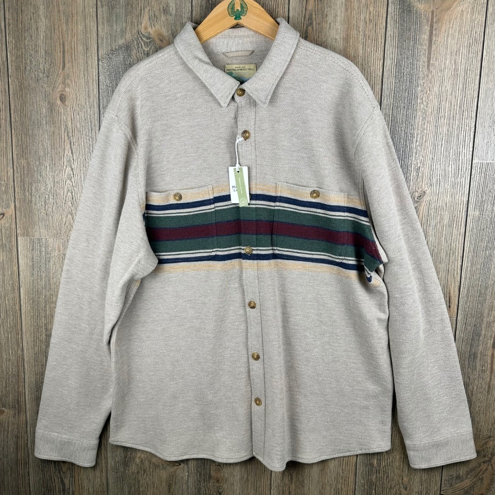 Marine Layer Pacifica Stretch Twill Overshirt Taupe Multi Stripe 2XL New $168